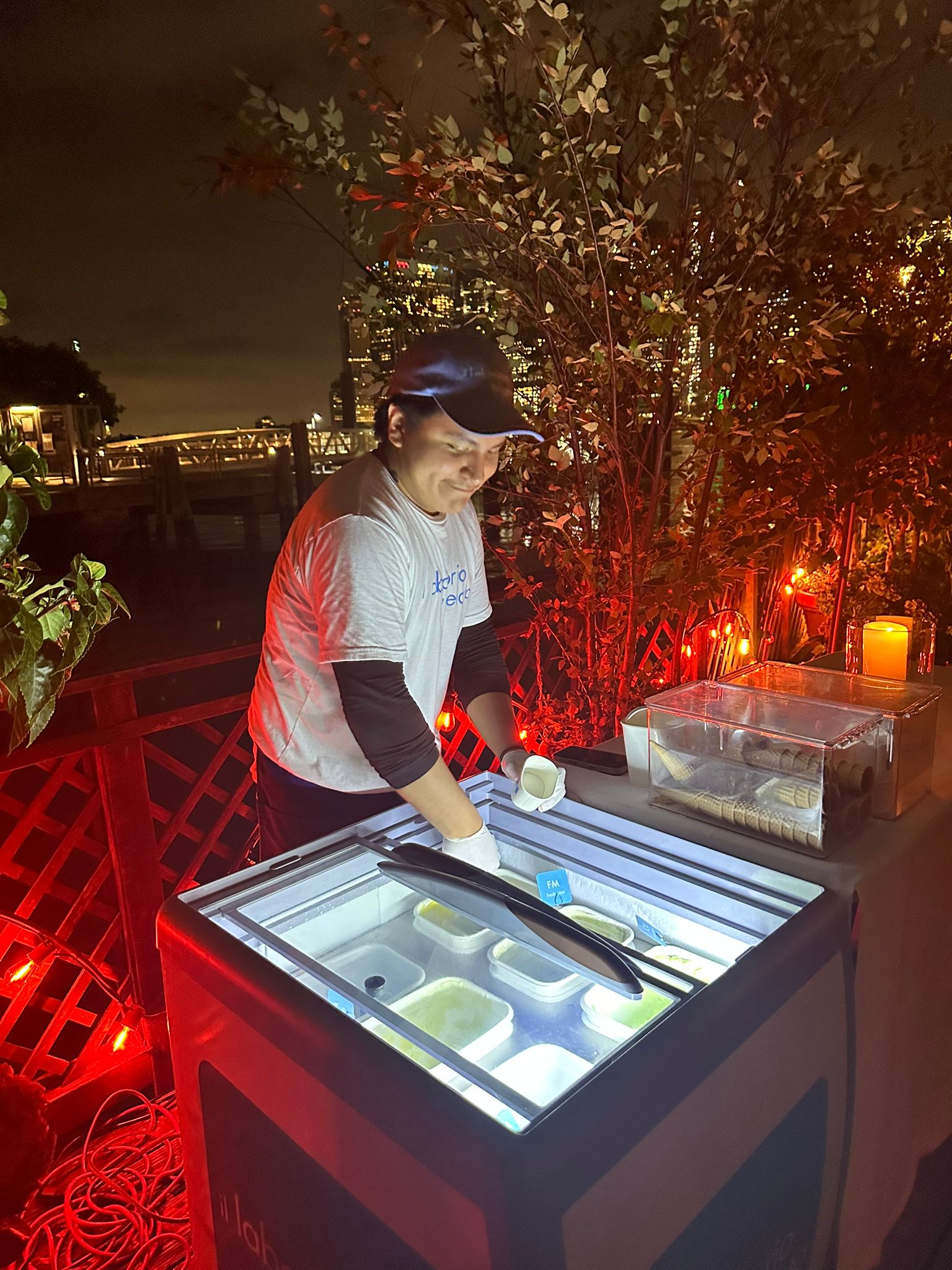 Wedding gelato and ice cream cart glowing at night in Brooklyn
