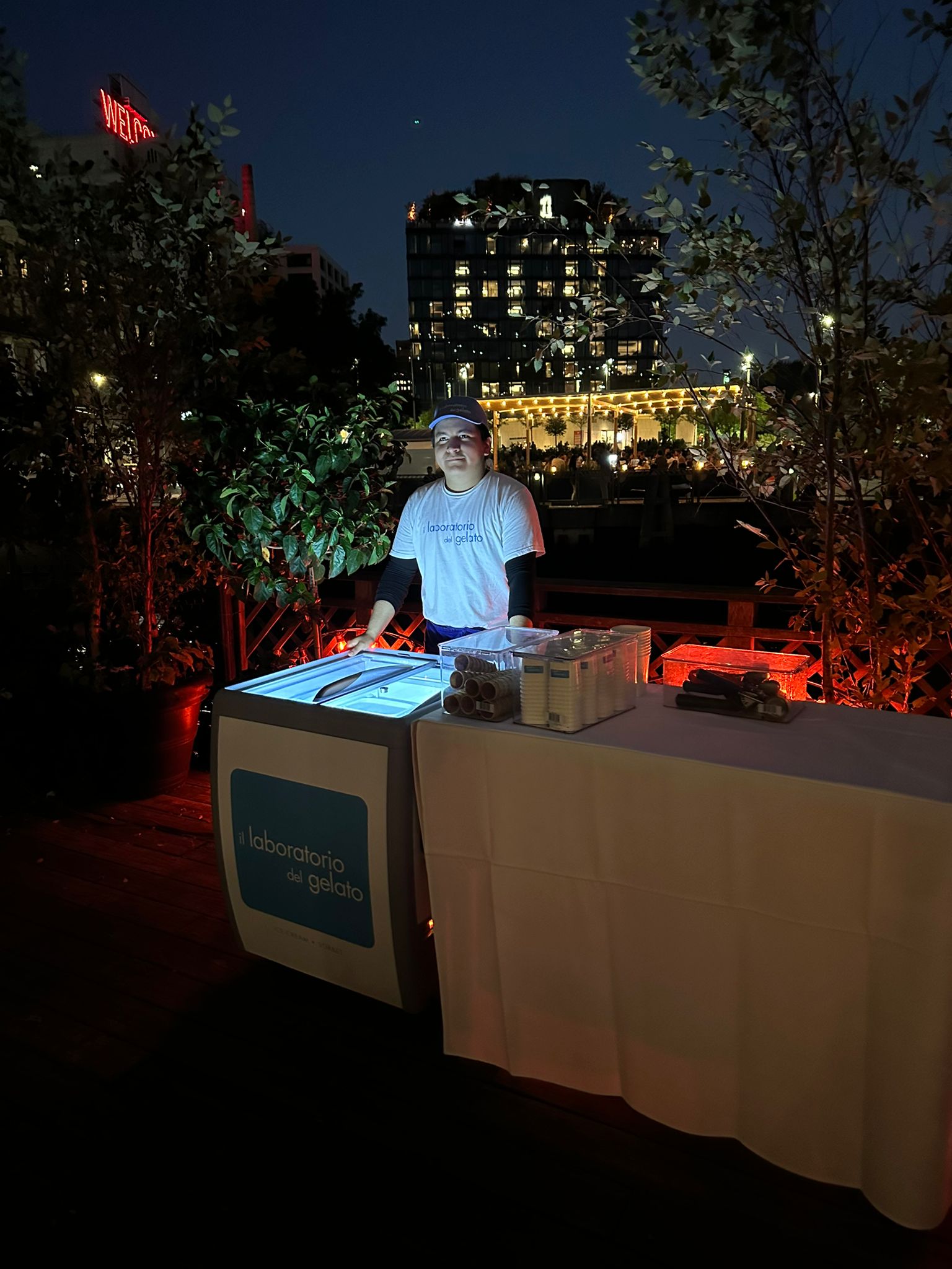 Gelato and ice cream cart setup with skyline view at River Café Brooklyn