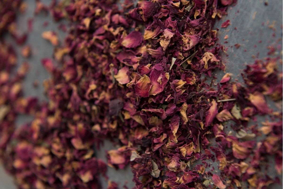 Crimson dried rose petals used to infuse rose-water sorbet