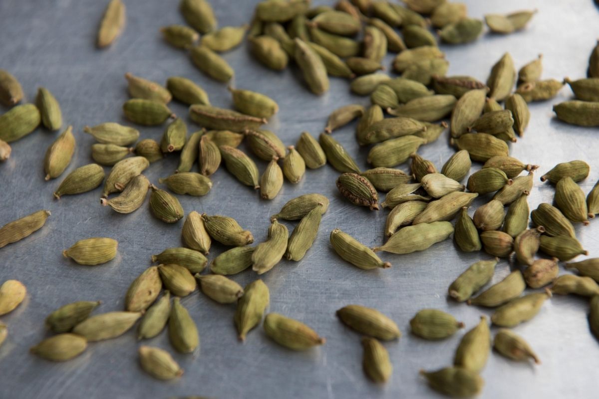 Whole green cardamom pods on a stainless bench