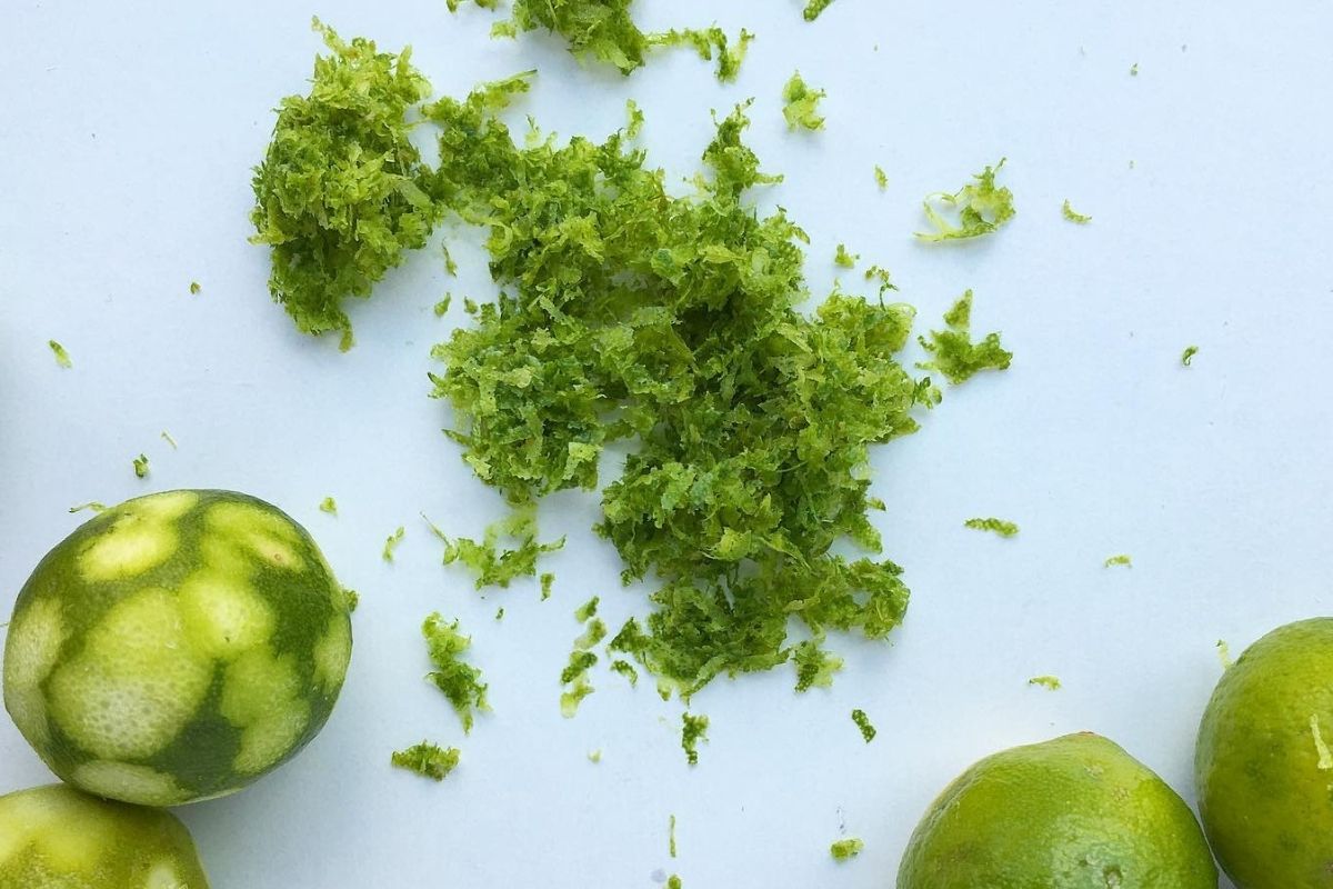 Fresh key-lime zest and peeled limes—real fruit colour for our sorbet