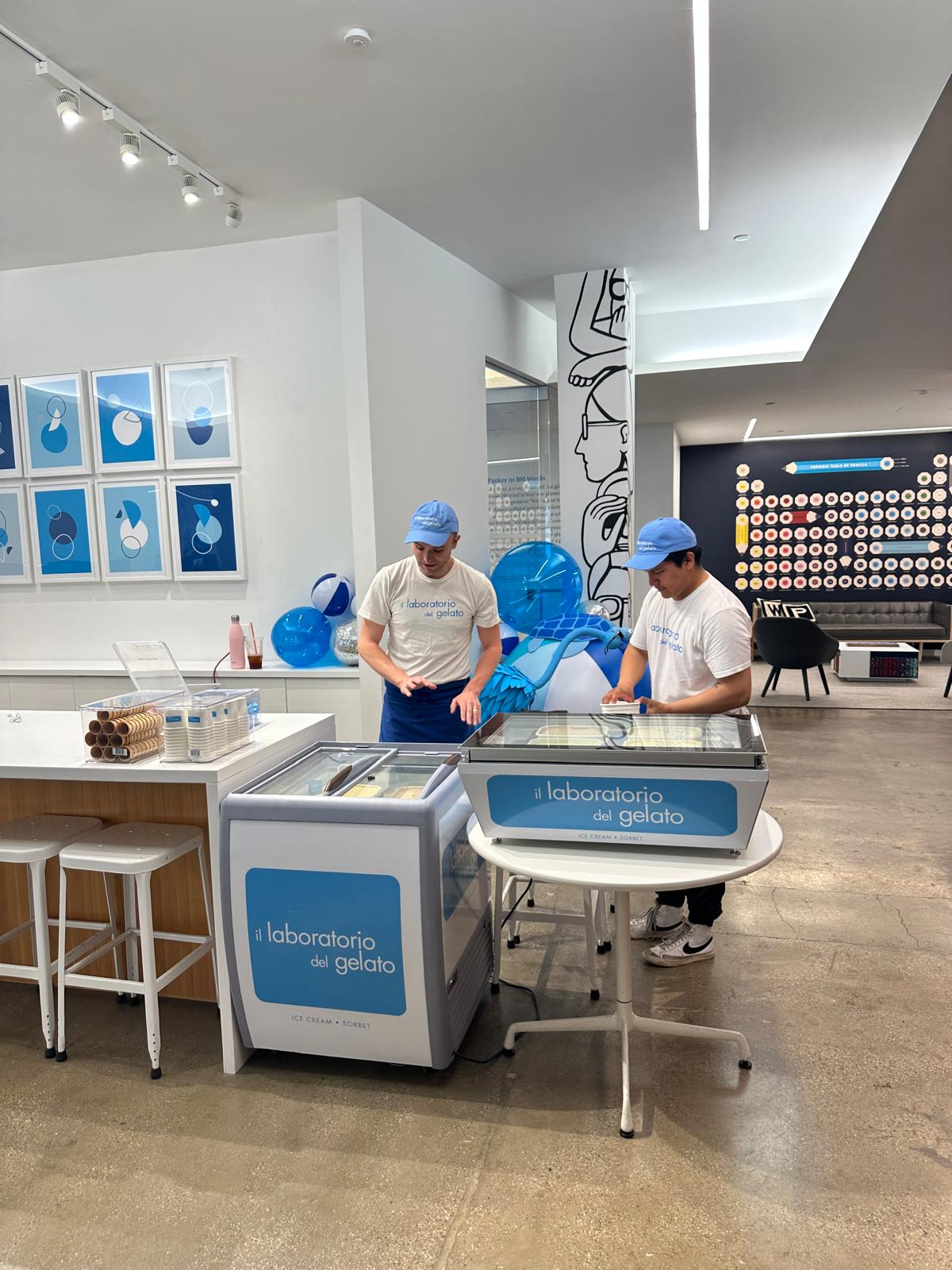 Two gelato carts set up for Warby Parker's corporate event in SoHo, NYC.